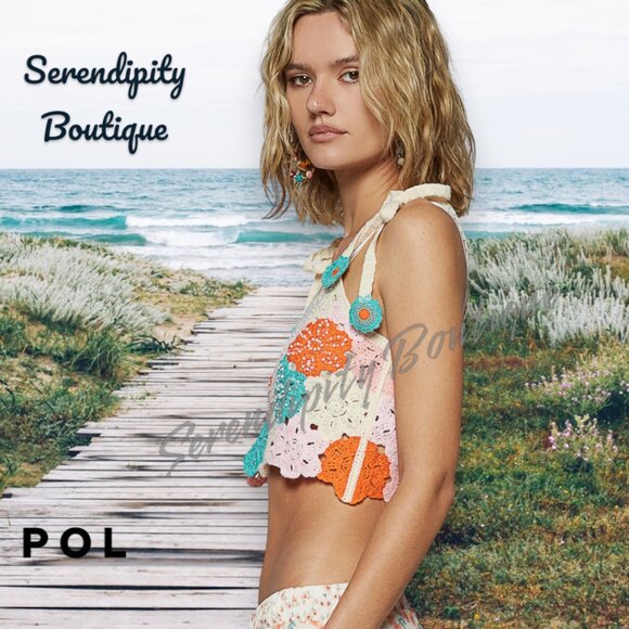 POL Granny Crochet Patch Tie Shoulder Pastels & Pearls Soft Floral Crop Top - Picture 5 of 8